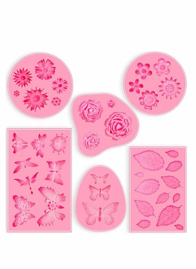 اشتري 6 Pack Fondant Silicone Molds Set, Non Stick Silicone Molds For Cake Decorating, Mini Butterfly, Flower, Leaves, Rose Silicone Molds For Cake Decorating, Making Chocolate Aking Mold Set في الامارات