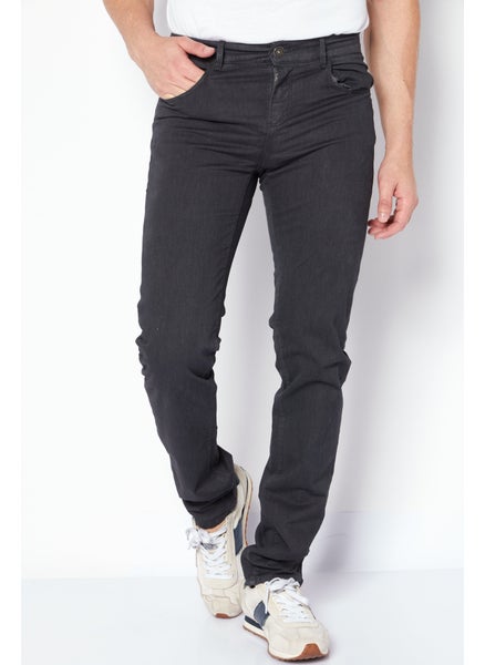 Buy Men Regular Fit Heather Stretchable Denim, Charcoal in UAE