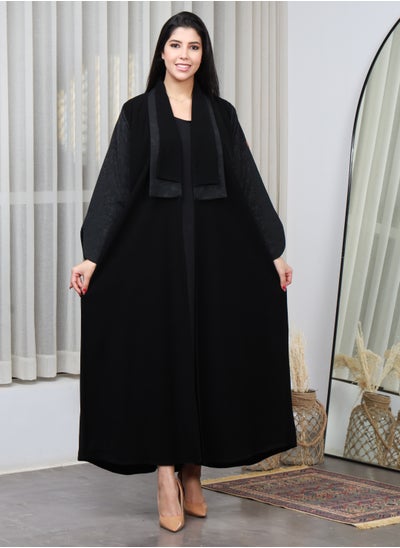 Buy Black abaya with two flap collars and floral sleeves in Saudi Arabia