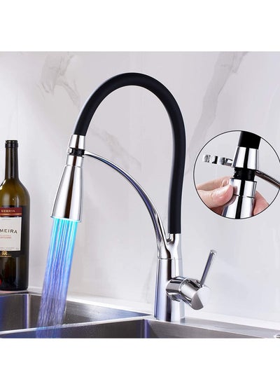 Buy LED Kitchen Sink Mixer Tap, Pull Down Spray 360 Degree Rotation Spout, with 3-Colour Temperature Display, Black Hose Single Handle Cold and Hot Water Brass Tap in UAE