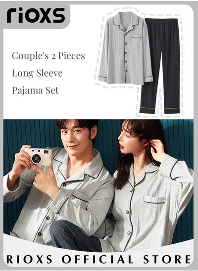 Buy Couples Matching 2 Pieces Long Sleeve Pajamas Soft Cotton Sleepwear Button Down Loungewear Men's Women's V-neck Tops and Straight Loose Leg Pants in UAE