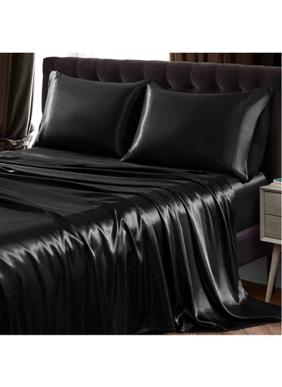 Buy Satin Bed Sheets Set, 4 Pieces Cooling Soft and Wrinkle Hotel Luxury Silky Bedding Set, 1 Deep Pocket Fitted Sheet, 1 Flat Sheet,  2 Pillowcases(Queen) in Saudi Arabia