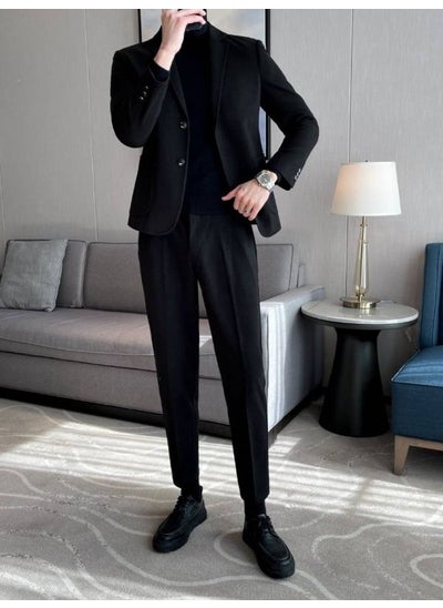 اشتري Mens Wool Blazer Autumn Winter Thick Korean Casual Suit JacketBlack Black في الامارات