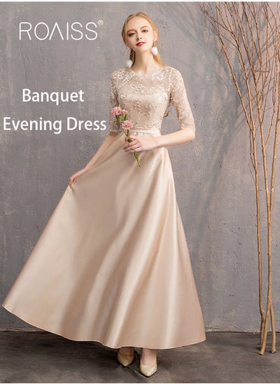 Buy Banquet Party Wedding Dress for Women Evening Dresses Round Neck Knee-Length Half-Sleeve Prom Ball Gown Elegant Slim Formal Dresses Bridesmaid Dress in UAE