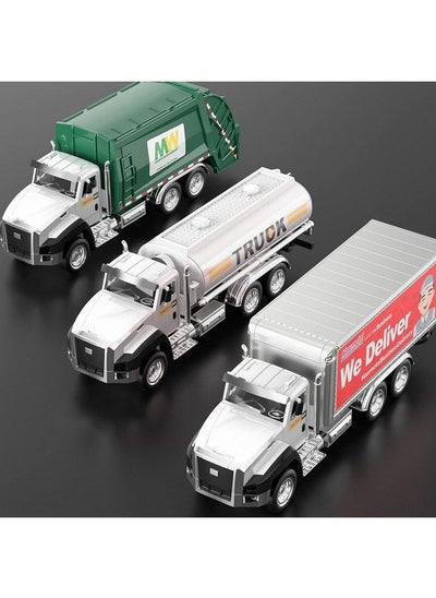 اشتري 3 Pack Of Diecast City Transport Vehicles Garbage Truck Tanker Truck Express Delivery Truck 1/50 Scale Metal Collectible Model Cars Pull Back Car Toys With Opening Doors For Boys And Girls في السعودية