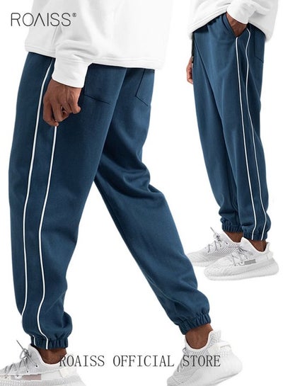 Buy Men's Casual Sports Trousers Slim Stitching Simple Solid Color Elastic Waistband Spring and Autumn in Saudi Arabia