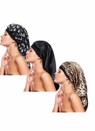 اشتري 3 Pack Long Satin Bonnet Sleep Cap, Soft Elastic Band Loose Cap Bonnets for Long Hair, Braids, Dreadlocks, Curly Hair في الامارات