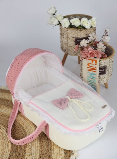Buy Portable baby bed with thick padded seat with high-quality materials, white / pink, with multi-colored stars design, 67×30×16 cm in Saudi Arabia