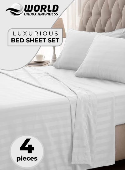 Buy 4-Piece Luxury King Size White Striped Bedding Set Includes 1 Duvet Cover (220x240cm), 1 Fitted Bed Sheet (200x200+30cm), and 2 Pillow Cases (48x74+5cm) for Ultimate Hotel-Inspired Sophistication in UAE