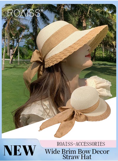 Buy Bow Decor Straw Sun Hat for Women Summer Beach Wide Brim Adjustable Lightweight Foldable/Packable Straw Hat Beige in Saudi Arabia