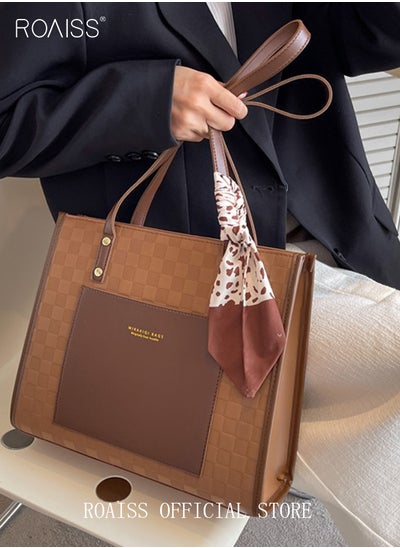 Buy Women Leather Two Tone Tote Bag Ladies Geometric & Letter Embossed Twilly Scarf Decor Shoulder Tote Bag Women's Large Capacity Commuter Shoulder Bag in UAE