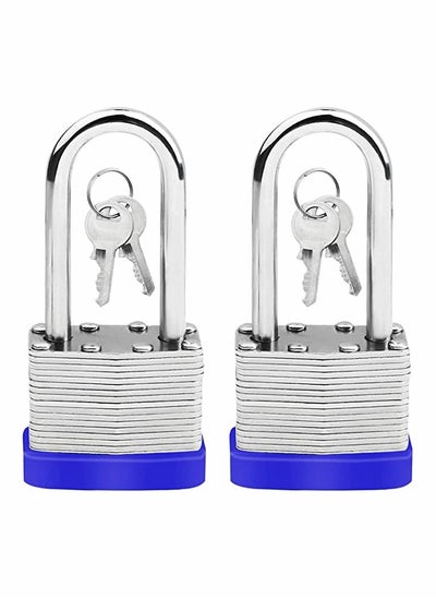 اشتري Long Shackle Pad Lock, 2 Pack Steel Pad Lock Padlock with Keys Heavy Duty Laminated Steel Key Pad Lock Secure Safety Tool for Home Garden Garage Fence Shed Indoor Outdoor في السعودية