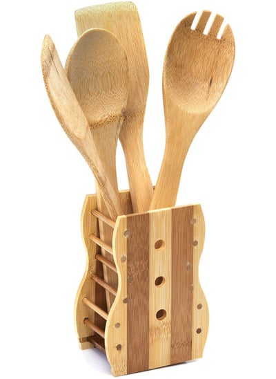 Buy 5-Piece Wooden Cutlery Set With Spoon Holder /Organic Bamboo 5 Peice Kitchen Tool Set Beige/Brown in UAE