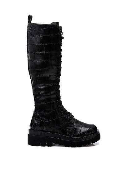 Buy Patterned Leather Decorative Lace Knee Boots - Black in Egypt