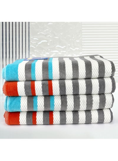 Buy 4 Piece Bathroom Towel Set SHUFFLE 420 GSM 100% Cotton Velour 4 Bath Towel 70x140 cm Sky Blue & Orange Color Modern Stripe Design Luxury Touch Extra Absorbent in UAE