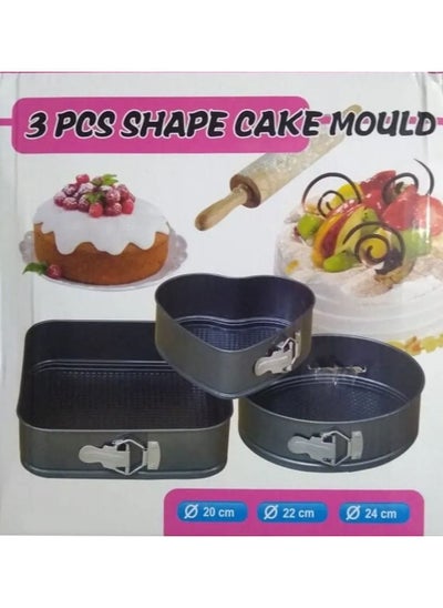 اشتري 3 Pcs Set Square Round Heart Shape Cake Mold Non Stick Baking Tray with Buckle Bakeware black في الامارات