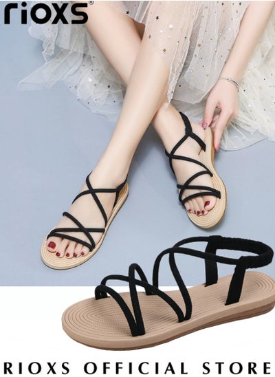 Buy Women's Flat Sandals Comfortable Ankle Strap Cutout Summer Roman Adjustable Slip-on Slide Shoes in Saudi Arabia