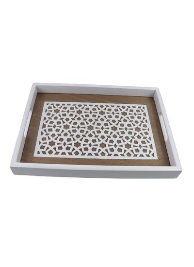 Buy Rectangle Shape Arabic Design Wooden Serving Tray White and Brown 38 x 28 x 4 cm 220519W in Saudi Arabia