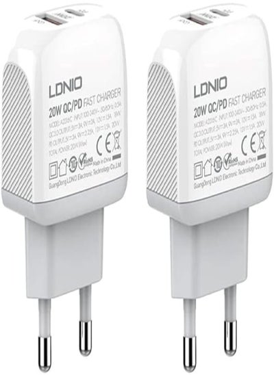 Buy Ldnio Set Of 2 Pieces Of A2316C Eu Fast Charger Dual Usb Ports With Type-C-Lightning Cable Perfect For Home And Office - White in Egypt