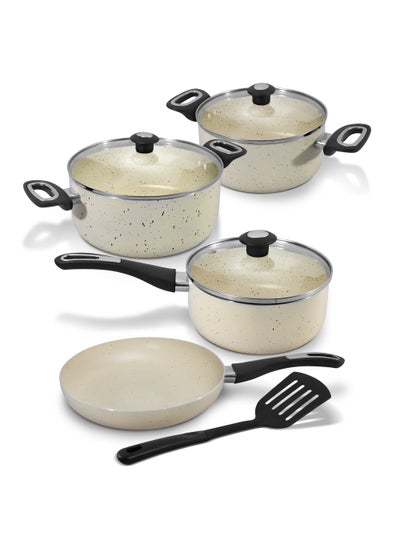 Buy 8 Piece Aluminium Nonstick Cookware Set,5 Layer Super Granite Coating,2 Saucepan With Tempered Glass Lid,Milkpan With Lid,Fraying Pan And Spatula,Induction & Gas Stove Compatible in Saudi Arabia