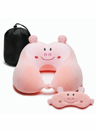 Buy Travel Pillow for Kids and Adults Cute Animal Memory Foam Neck Pillow with Soft Fleece Cover and Eye Mask Set Airplane Pillow Travel Kit with Drawstring Organizer Bag Machine Washable (Hippo) in UAE