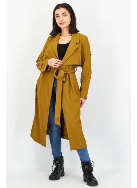 Buy Women Textured Long Sleeve Trench Coat, Khaki in UAE