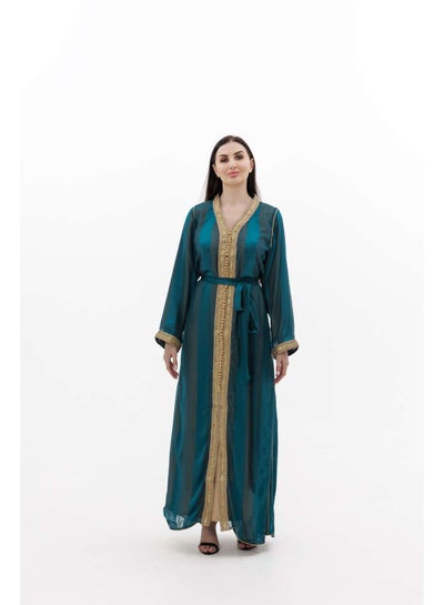 اشتري LONG CLASSY SIMPLE MOSAIC BLUE PURPLE COLOUR FRONT LACE BUTTON LINING ARABIC KAFTAN JALABIYA DRESS في السعودية