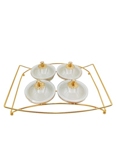 Buy Luxurious Golden Ceramic 4 Compartment Tray Set: Traditional Arabic Decorative Tray for Dates & Dry Fruits,Choclates & Candies - Perfect for Personal Use and Elegant Guest Serving in UAE