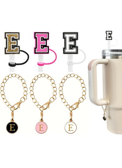 اشتري 3PCS Straw Cover 10mm For Stanley Tumbler Cup Reusable Straw Cap Topper and 3 Initial Letter Charms E Handle Charm For Stanley 30 and 40 Oz Cup Tumbler في السعودية