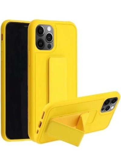 Buy Hand Grip Foldable Magnetic Kickstand Wrist Strap Finger Grip Case Cover For Apple iPhone 14 Pro Max 6.7 inch Yellow in UAE