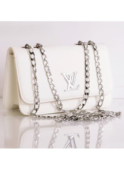 Buy White Leather CrossBody Handbag with adjustable Chain handle in silver color in Egypt