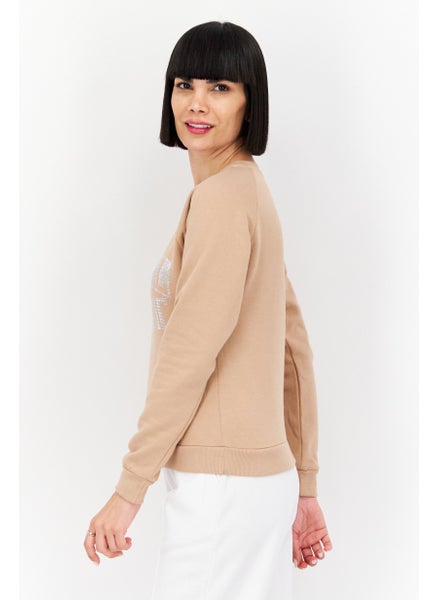 اشتري Women Crew Neck Long Sleeve Brand Logo Sweatshirt, Tan في الامارات