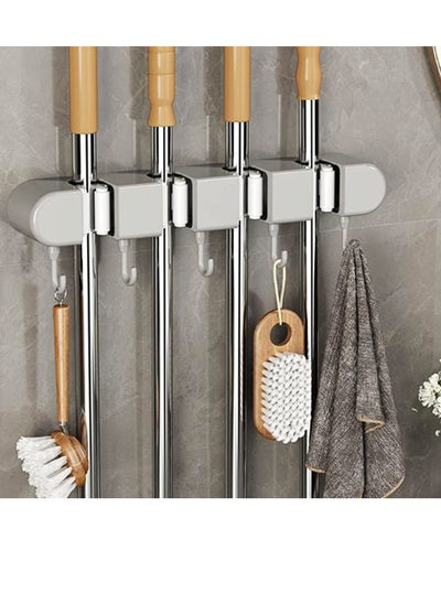 Buy Mop Broom Holder Wall Mount Wood Broom Mop Hanger - Wall Mounted Garden Tool Rack Organizer for Closet Garage Laundry Room Kitchen Decor With 4 Slots & 5 Hooks in UAE