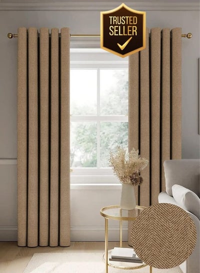 Buy Herringbone Texture Curtains 2 Piece Polyester Eyelets (Steel) Blackout Curtains with Tie Back, Bedroom Living Room (Coffee, 7 Ft x 4.2 Ft) in Saudi Arabia