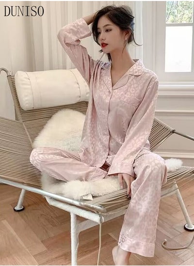 اشتري 2- Piece Women's Soft Pajamas Set Long Sleeve Silky Pajama Set with Leopard Print Sleepwear Loungewear Button-Down Night Suit Pajama Sets Spring and Autumn Night Wear في الامارات