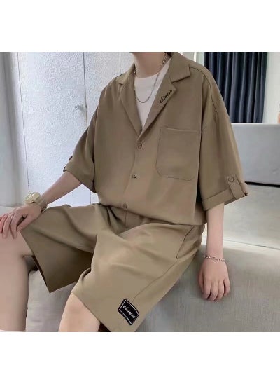 Buy 1 x 5 pcs Mens Stylish Casual Suit Short Sleeve Shirt Shorts Set Khaki in Saudi Arabia