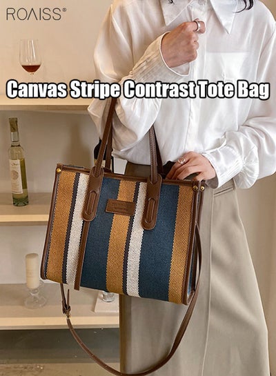 اشتري Women's Contrasting Texture Canvas Tote Bag Pu Leather Stitching Large Capacity Shoulder Bag Multi Pocket Adjustable Shoulder Strap Handbag في السعودية