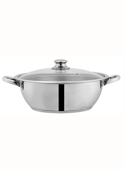 اشتري SONEX Mega Wok/Kadai, 28 cm (5 Ltr) Stainless Steel – Glass Lid with Steam Vent, Durable Handles, Sandwich Bottom for Even Heating, Sleek Modern Design for Efficient and Stylish Cooking في الامارات