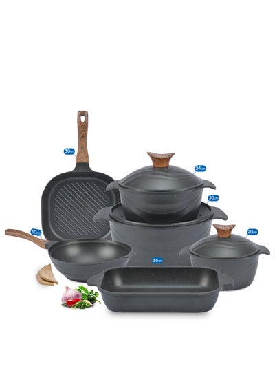 Buy 9-Piece Non-Stick Granite Square Cookware Set 3 pots (20-24-30) + wok 30 + casserole 36 + grill 30)Black in Egypt