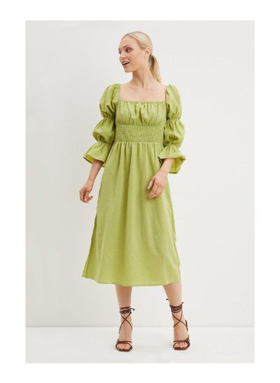 اشتري Petite Puff Sleeve Shirred Midi Dress في الامارات