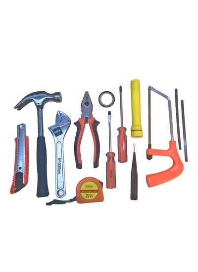 اشتري 14 Pieces Tool Box Cutter Hammer Wrench Measuring Tape Combination Plier Insulating Tape 2 Screwdrivers Slot And Philip Flash Light Hacksaw Frame With Blades في الامارات