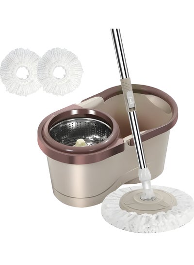 Buy Spin Mop For Floor Cleaning, Stainless Steel Mop and Bucket With Telescopic Handle, Hands Free Wringing, Floor Mop With 10L Large Capacity and Reusable Refills For Home Office(Brown) in UAE