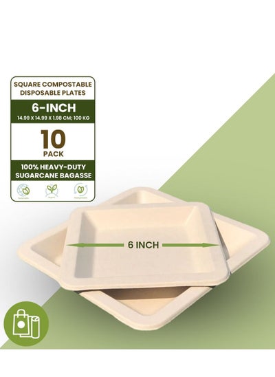 Buy Ecoway [6 Inch - Pack Of 10] Disposable Plates Made With Bagasse Sugar Canes Microwave & Freeze Safe, Compostable & Biodegradable Dinner Plates, Everyday Tableware Strong & Large White in UAE