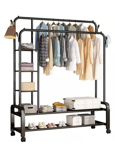 Buy Double Clothes Hanger With Swivel Wheels With Shelves And Side Hangers Black Color in Saudi Arabia