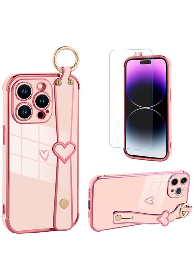 اشتري Pink Case for iPhone 14 Pro Max Case with Finger Strap Bracket Cute Bling Plating Heart Design Phone Cover Shockproof Soft TPU Slim Protective Cover for iPhone 14 Pro Max Pink في الامارات