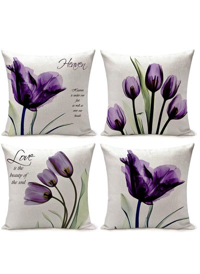 Buy Cushion Covers Throw Pillow Covers Set of 4, Purple Flower Pattern for Home Sofa Art Living Room Outside Office Decorative with Durable Thick Linen Square 18 x18 inch 45x45cm in UAE