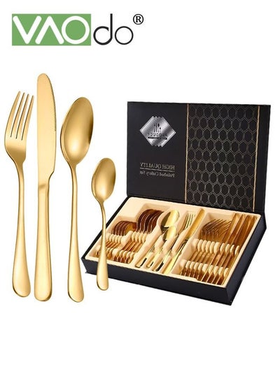 Buy 24 PCS Silverware Set Service for 6 Premium Stainless Steel Flatware Set Mirror Polished Cutlery Utensil Set Durable Home Kitchen Eating Tableware Set Include Fork Knife Spoon Set Dishwasher Safe Gold in Saudi Arabia