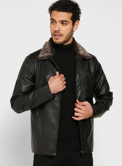 Buy Shearling Collar PU Leather Jacket in UAE