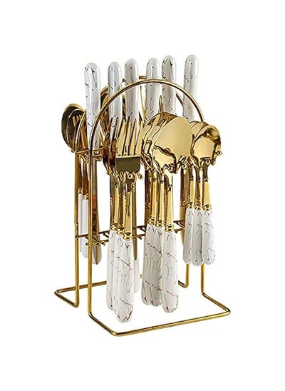 Buy 24-Piece Stainless Steel Flatware Set with Ceramic Handle - Hanging Flatware Organizer - Kitchen Wedding Restaurant Cutlery Utensil - White Gold Silverware Set for 6 Spoons Knives Forks Teaspoons in UAE