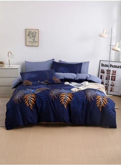 Buy King Size 6 Pieces Duvet Cover Set, Reversible Dark Blue Color Leaves Bedding Set. in UAE